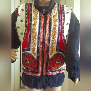 VINTAGE 100% SILK BAROQUE JACKET BY INDICATIONS BLACK W/ REDS, GOLDS,BLACK FAB!